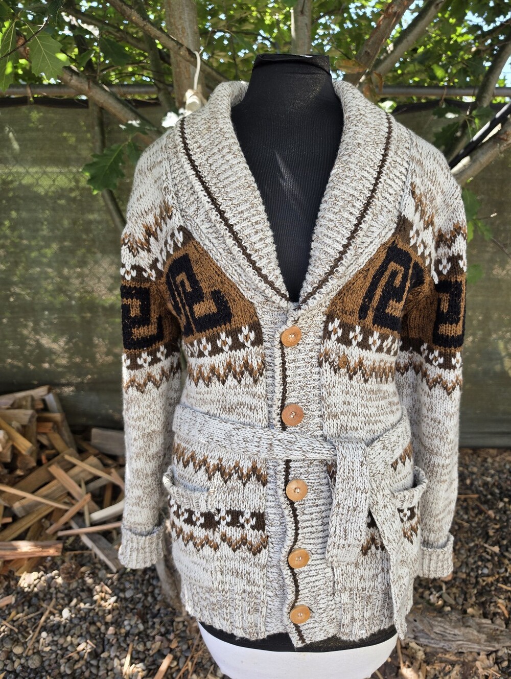 Vtg 70's Acrylic Chunky Knit Rare Print Cardigan Americana Cabincore Campcore